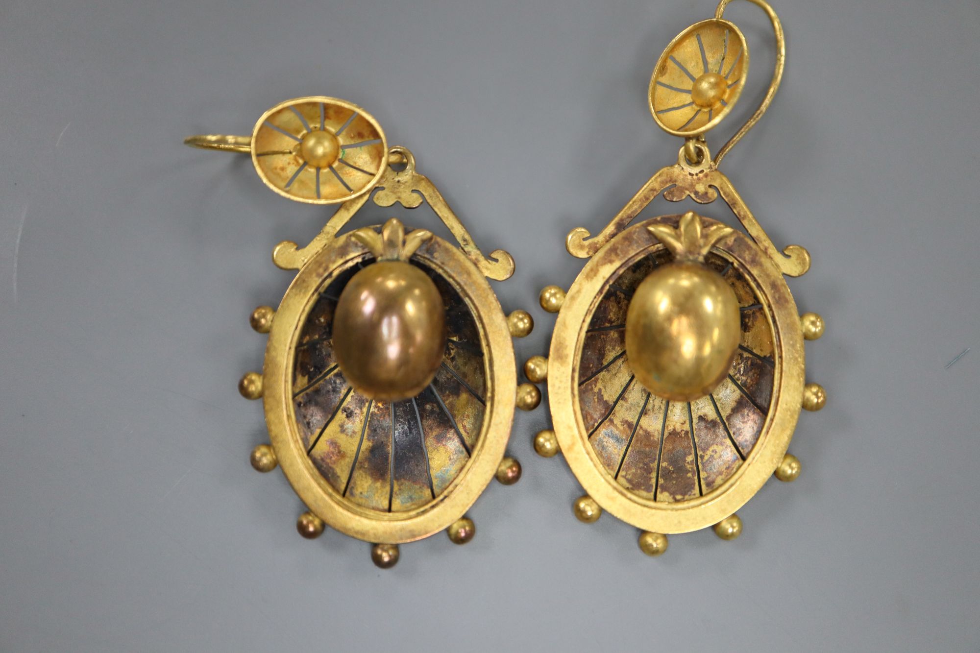 A pair of Victorian Etruscan revival yellow metal oval drop earrings, 43mm, 8.2 grams.